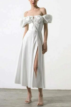 Y2K Streetwear Puff Sleeve Off Shoulder Ruched Long Dress