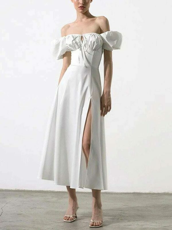 Y2K Streetwear Puff Sleeve Off Shoulder Ruched Long Dress