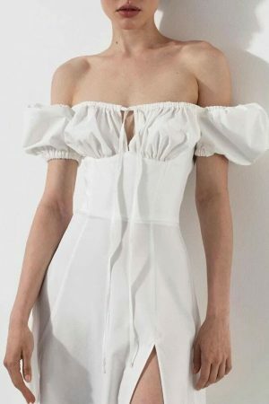 Y2K Streetwear Puff Sleeve Off Shoulder Ruched Long Dress