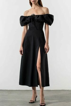 Y2K Streetwear Puff Sleeve Off Shoulder Ruched Long Dress