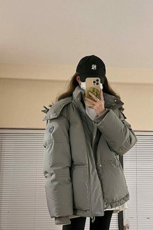 Y2K Streetwear Puffer Jacket Women Winter Hooded Thick Warm Grey Coat