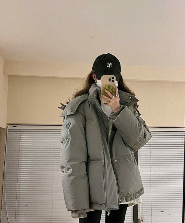 Y2K Streetwear Puffer Jacket Women Winter Hooded Thick Warm Grey Coat