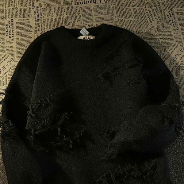 Y2K Streetwear Retro Fringed Hole Sweater Unisex Gothic Long Sleeve