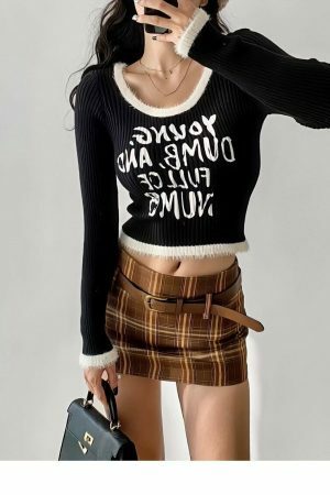 Y2K Streetwear Ribbed Crop Top with Japanese Harajuku Aesthetic