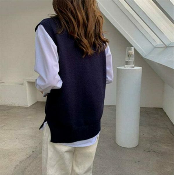 Y2K Streetwear Sleeveless Sweater Vest, Vintage V-Neck Top