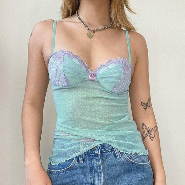 Y2K Streetwear Strap Crop Top with Kawaii Floral Patchwork