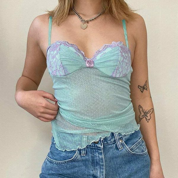 Y2K Streetwear Strap Crop Top with Kawaii Floral Patchwork