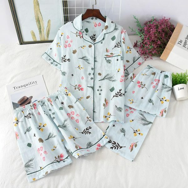 Y2K Streetwear Three-Piece Pajama Set for Women - Cotton Gauze Shorts & Top