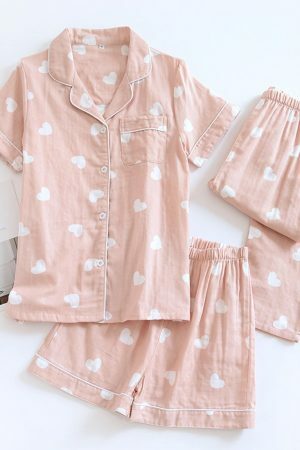 Y2K Streetwear Three-Piece Pajama Set for Women - Cotton Gauze Shorts & Top