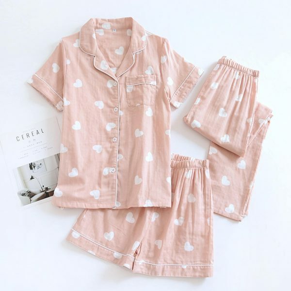 Y2K Streetwear Three-Piece Pajama Set for Women - Cotton Gauze Shorts & Top