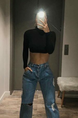 Y2K Streetwear Turtleneck Crop Top for Women - Solid Color Stretch Sheath Shirt, Perfect for Autumn Casual Style