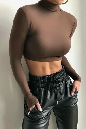 Y2K Streetwear Turtleneck Crop Top for Women - Solid Color Stretch Sheath Shirt, Perfect for Autumn Casual Style