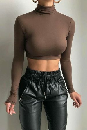 Y2K Streetwear Turtleneck Crop Top for Women - Solid Color Stretch Sheath Shirt, Perfect for Autumn Casual Style