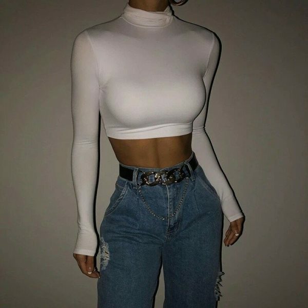 Y2K Streetwear Turtleneck Crop Top for Women - Solid Color Stretch Sheath Shirt, Perfect for Autumn Casual Style