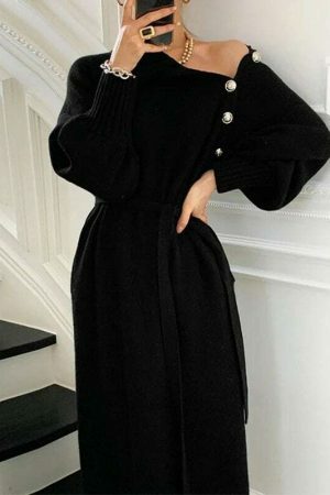 Y2K Streetwear Turtleneck Knit Sweater Dress with Buttons