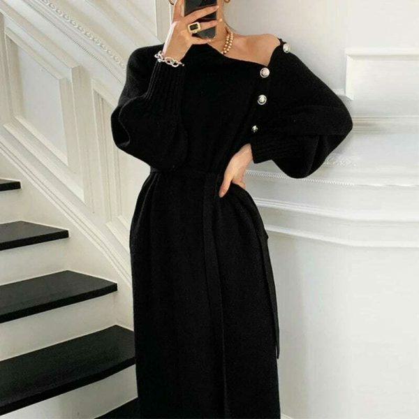 Y2K Streetwear Turtleneck Knit Sweater Dress with Buttons