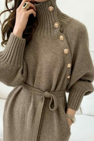 Y2K Streetwear Turtleneck Knit Sweater Dress with Buttons