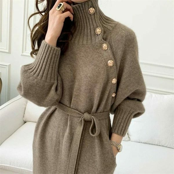 Y2K Streetwear Turtleneck Knit Sweater Dress with Buttons