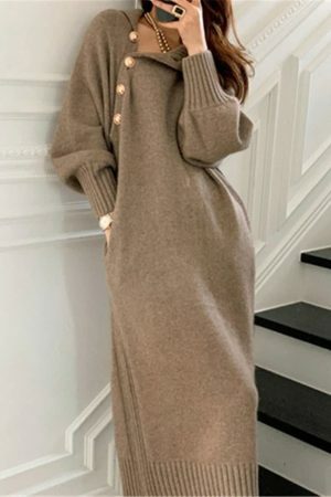 Y2K Streetwear Turtleneck Knit Sweater Dress with Buttons