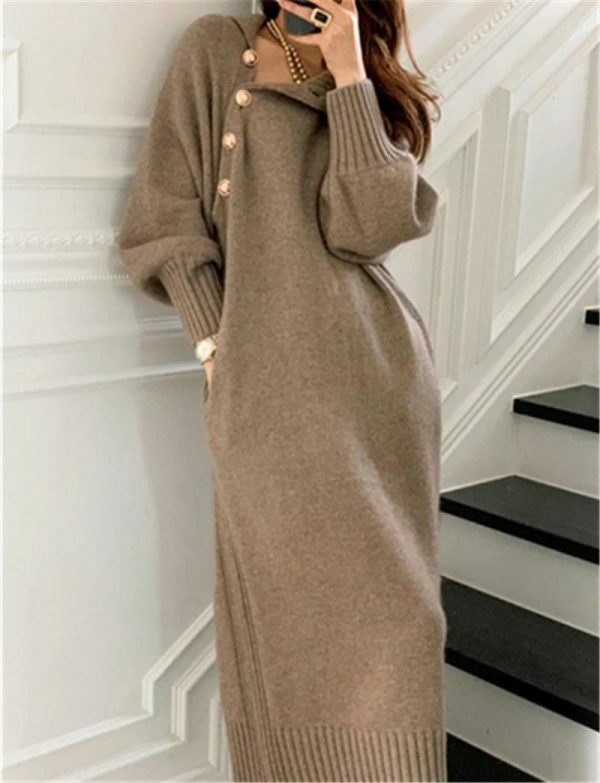 Y2K Streetwear Turtleneck Knit Sweater Dress with Buttons