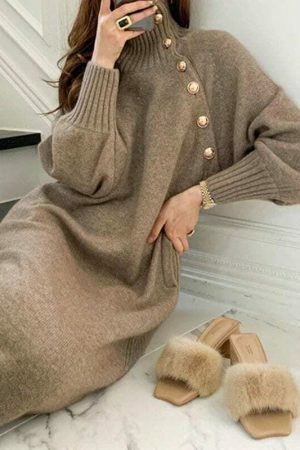 Y2K Streetwear Turtleneck Knit Sweater Dress with Buttons