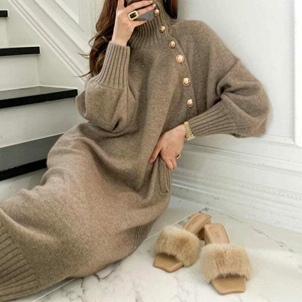 Y2K Streetwear Turtleneck Knit Sweater Dress with Buttons