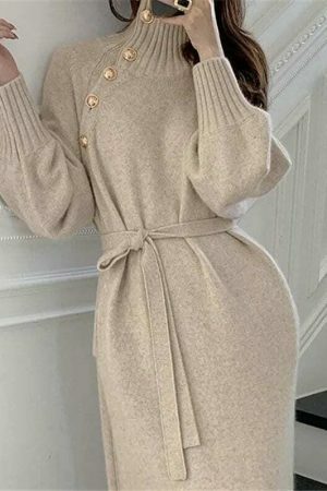 Y2K Streetwear Turtleneck Knit Sweater Dress with Buttons