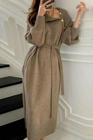 Y2K Streetwear Turtleneck Knit Sweater Dress with Buttons