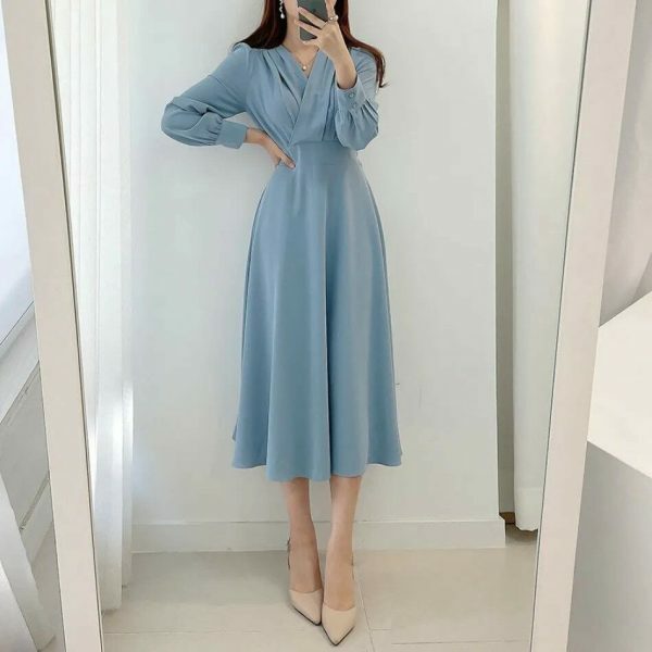 Y2K Streetwear V-Neck Cross Fold Dress for Women, Bubble Sleeve Midi-Length Dress