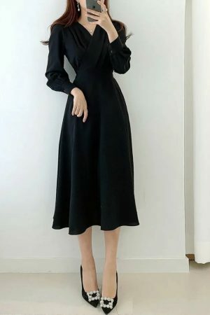 Y2K Streetwear V-Neck Cross Fold Dress for Women, Bubble Sleeve Midi-Length Dress