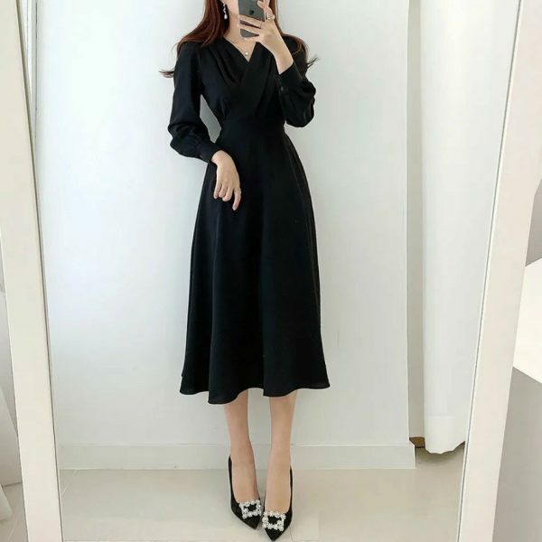 Y2K Streetwear V-Neck Cross Fold Dress for Women, Bubble Sleeve Midi-Length Dress