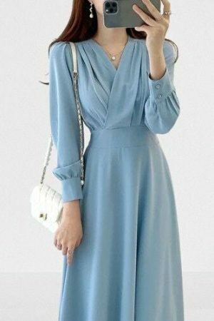 Y2K Streetwear V-Neck Cross Fold Dress for Women, Bubble Sleeve Midi-Length Dress