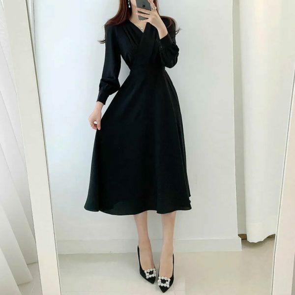 Y2K Streetwear V-Neck Cross Fold Dress for Women, Bubble Sleeve Midi-Length Dress