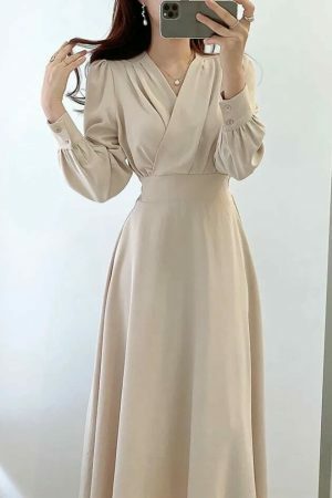 Y2K Streetwear V-Neck Cross Fold Dress for Women, Bubble Sleeve Midi-Length Dress