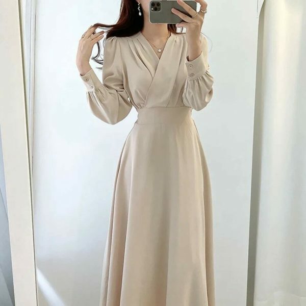 Y2K Streetwear V-Neck Cross Fold Dress for Women, Bubble Sleeve Midi-Length Dress