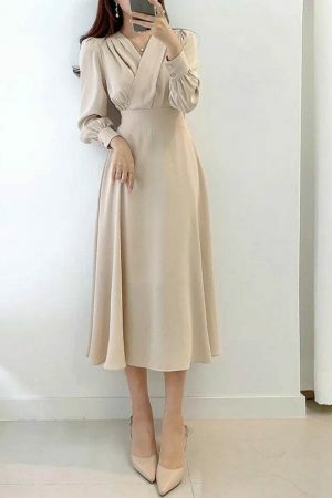 Y2K Streetwear V-Neck Cross Fold Dress for Women, Bubble Sleeve Midi-Length Dress