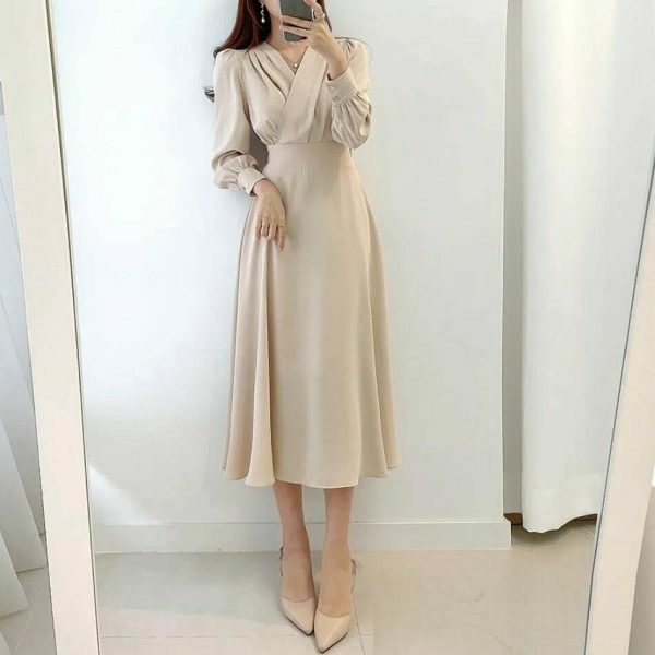 Y2K Streetwear V-Neck Cross Fold Dress for Women, Bubble Sleeve Midi-Length Dress