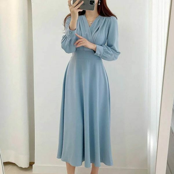 Y2K Streetwear V-Neck Cross Fold Dress for Women, Bubble Sleeve Midi-Length Dress