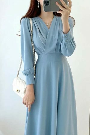 Y2K Streetwear V-Neck Cross Fold Dress for Women, Bubble Sleeve Midi-Length Dress