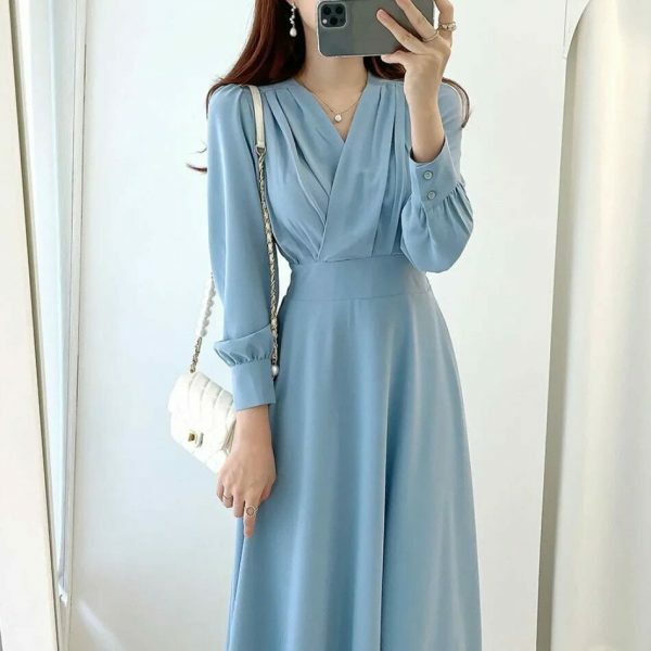 Y2K Streetwear V-Neck Cross Fold Dress for Women, Bubble Sleeve Midi-Length Dress