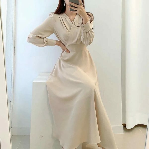 Y2K Streetwear V-Neck Cross Fold Dress for Women, Bubble Sleeve Midi-Length Dress