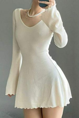 Y2K Streetwear V-Neck Irregular Hem Knit Dress Slim Fit