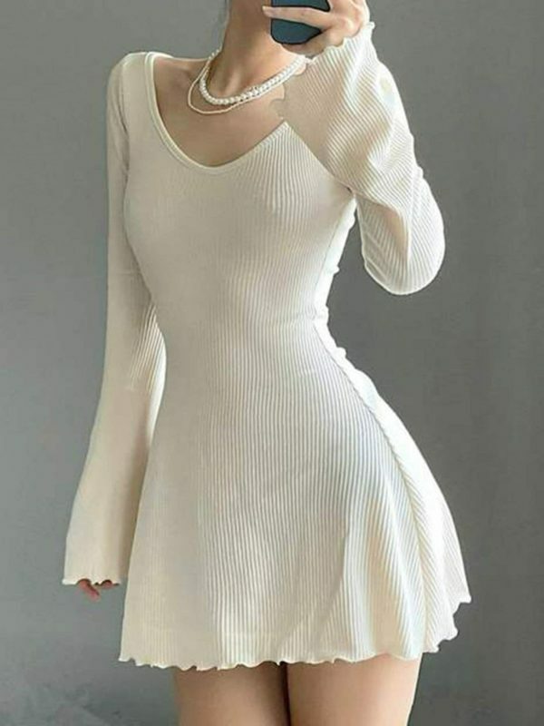 Y2K Streetwear V-Neck Irregular Hem Knit Dress Slim Fit