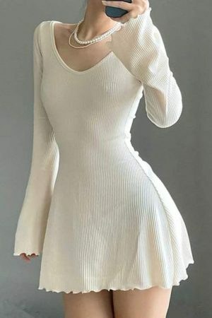 Y2K Streetwear V-Neck Irregular Hem Knit Dress Slim Fit