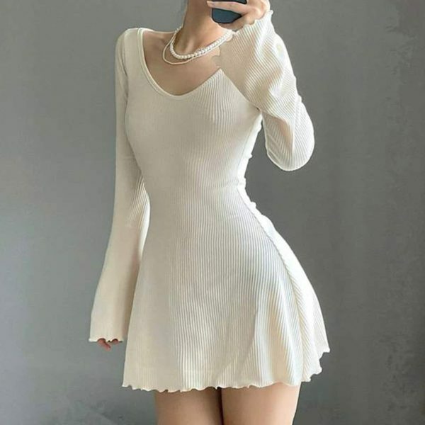 Y2K Streetwear V-Neck Irregular Hem Knit Dress Slim Fit