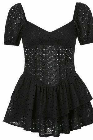 Y2K Streetwear V Neck Puff Sleeve Black Mini Party Dress