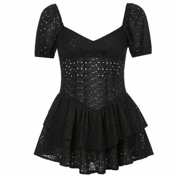 Y2K Streetwear V Neck Puff Sleeve Black Mini Party Dress