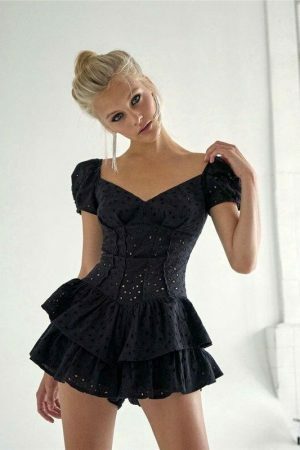 Y2K Streetwear V Neck Puff Sleeve Black Mini Party Dress