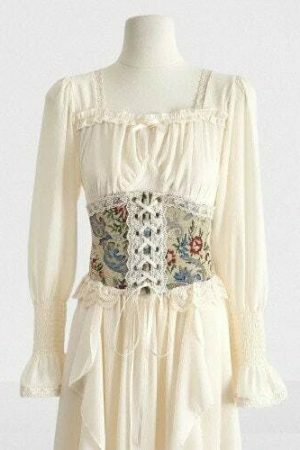 Y2K Streetwear Vintage Corset Midi Dress with Square Collar & Lantern Sleeves