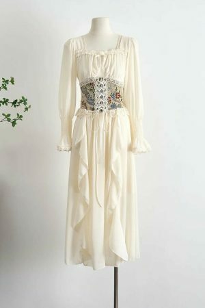 Y2K Streetwear Vintage Corset Midi Dress with Square Collar & Lantern Sleeves